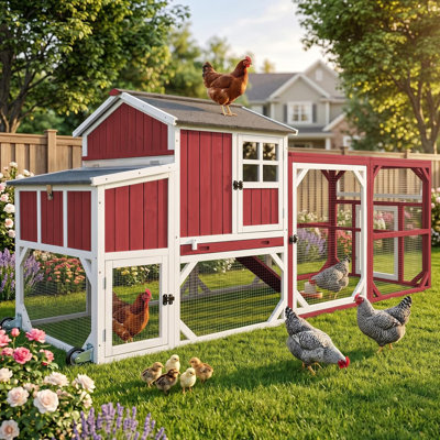 Gyta 95" Large Chicken Coop Mobile Wooden Hen House with Nesting Box,Outdoor Chicken House with Wheels and Removable Tray,Fir Wood Chicken Tractor with 6 Ventilation Door and Ramp