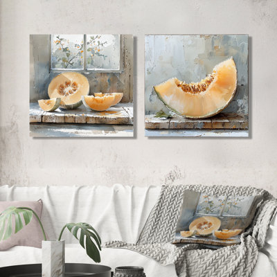 Melon dans les tons orange et gris I - Art mural Melon - Décoration murale traditionnelle 2 pièces