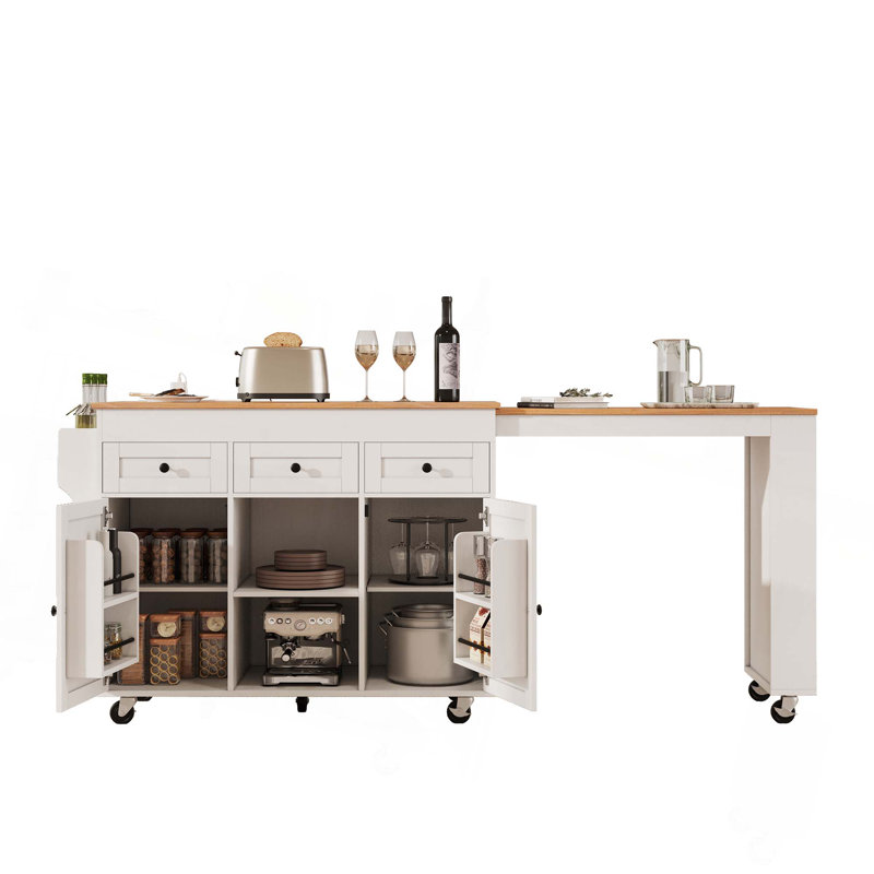85.5" Kitchen Island With Extendable Dining Table, 3 Side Open Shelves, Power Outlet, 3 Drawers & 2 Doors, White