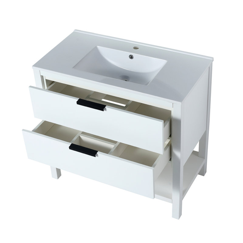 Contreplaqué de meuble-lavabo autoportant avec 2 tiroirs, Blanc