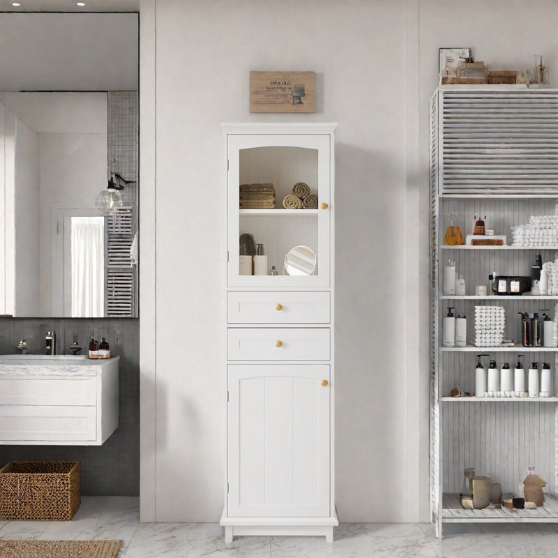 Bathroom Storage Cabinet With Glass Doors, 2 Drawers, And Adjustable Shelves, White