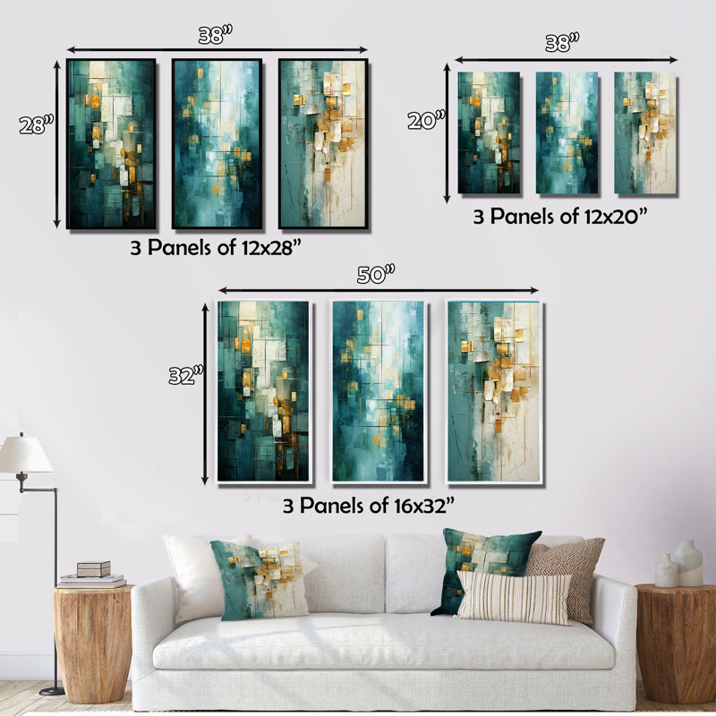 California Sunshine Retro abstrait bleu sarcelle - ensemble de 3 peintures d'art abstrait, H 28 po x l 36 po, Toile tendue