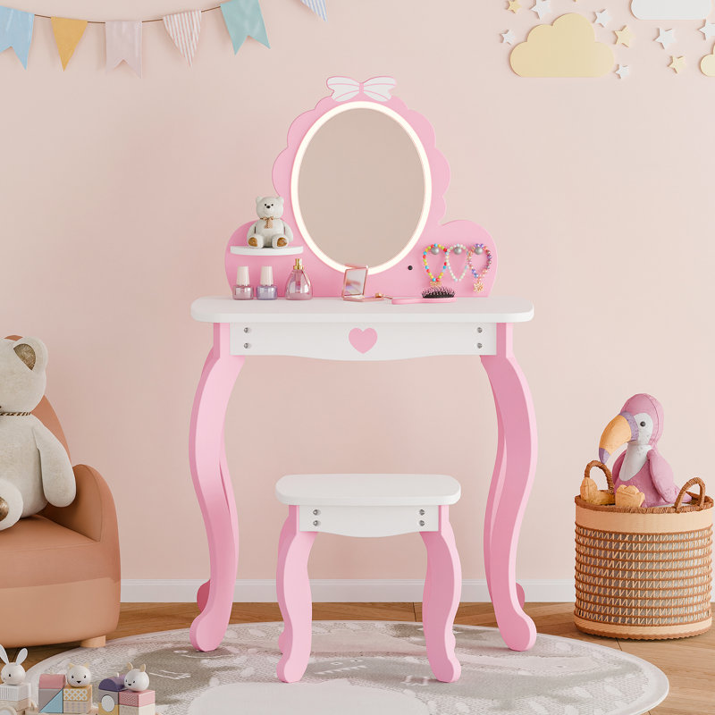 Kids Vanity Set With Lighted Mirror And Stool, Pink