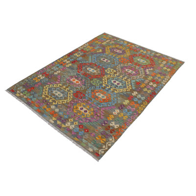 Tapis gris / bleu en laine tissé à la main à motif tribal / géométrique / sud-ouest de couleur cépage Cedorah