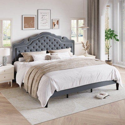 Antonious Velvet Tufted Crown-Shaped Headboard Platform Bed，3-Level Adjustable Height ,No Box Spring Needed,Underbed Storage,King Size,Gray