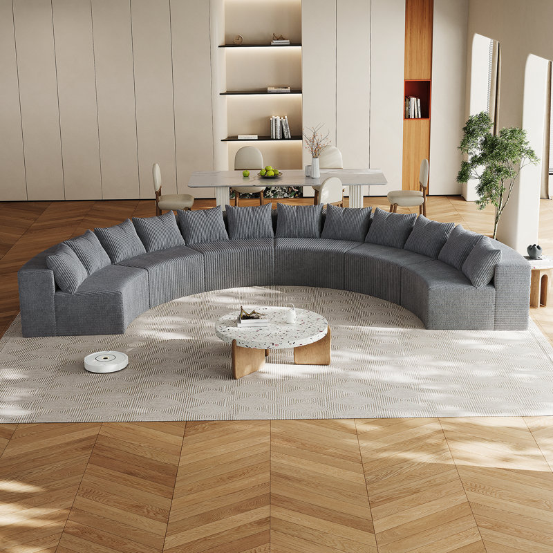 Canapé modulaire incurvé confortable en mousse avec plusieurs coussins pour différentes pièces, Velours côtelé gris