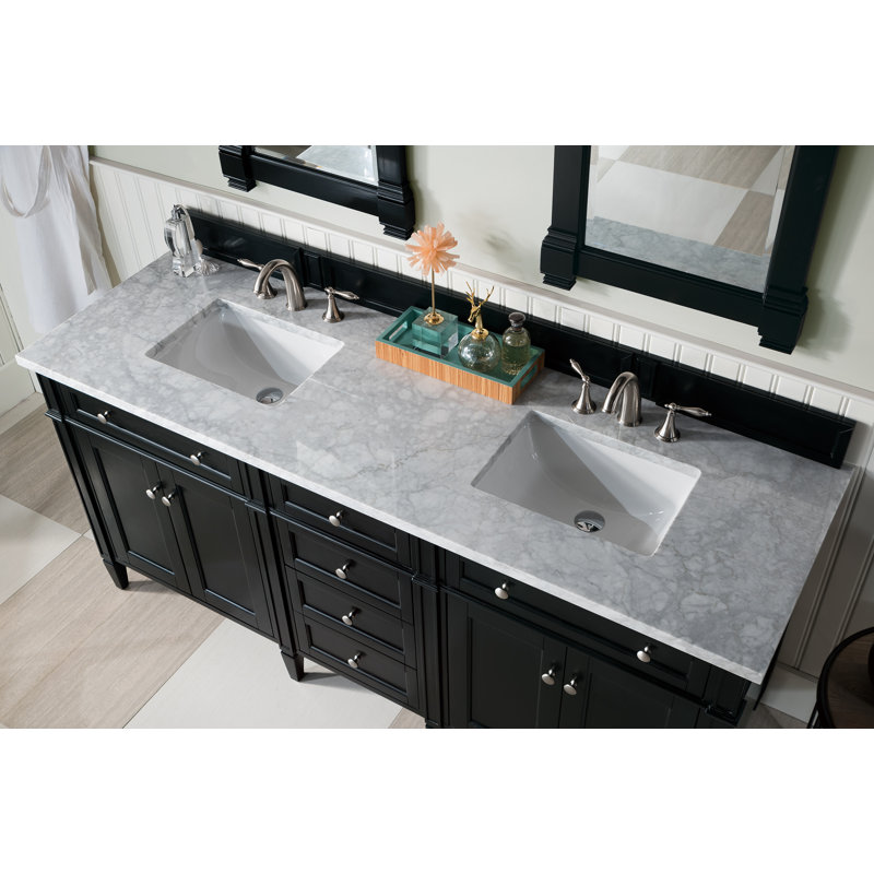 Brittany 72" W Double Vanity, 8" Widespread, Carrara White, Black Onyx