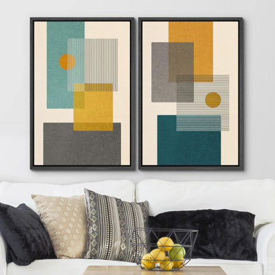 Abstract Vibrant Color Blocks " Mid-Century Green And Yellow Polygon Collage Abstract Shapes Modern " 2 - Pieces