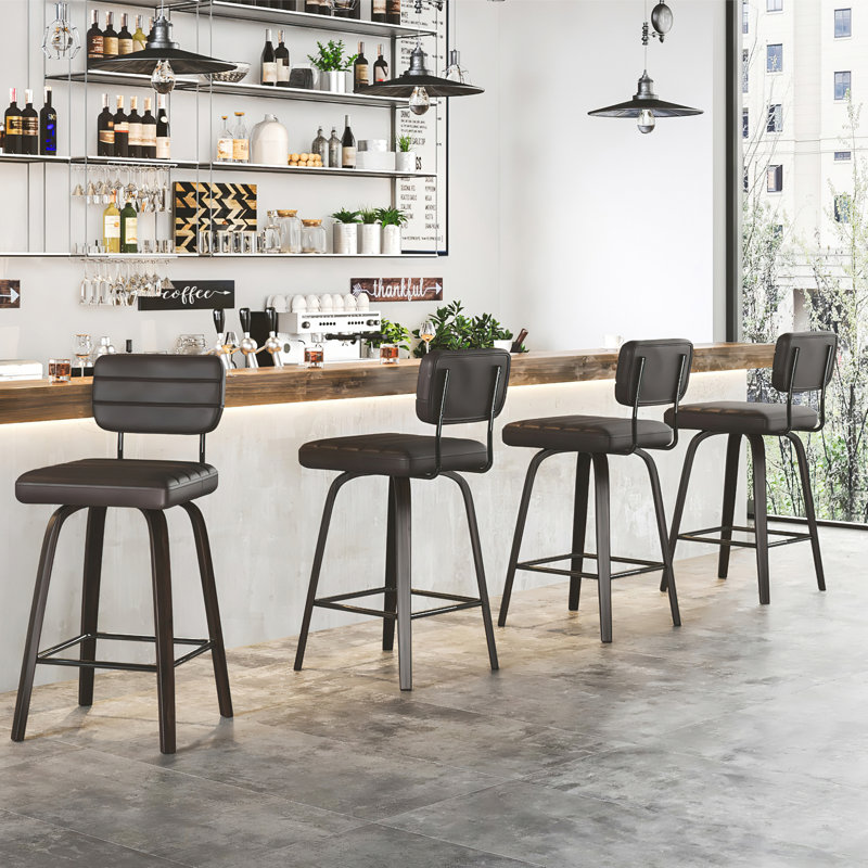 Brown Faux Leather Swivel Bar Stools with Low Back, Set of 2