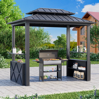Pavillon de jardin à toit rigide 8 pi x 6 pi, pavillon de jardin extérieur en métal pour barbecue, 2 armoires de rangement à double couche, 2 tablettes latérales et crochet de plafond