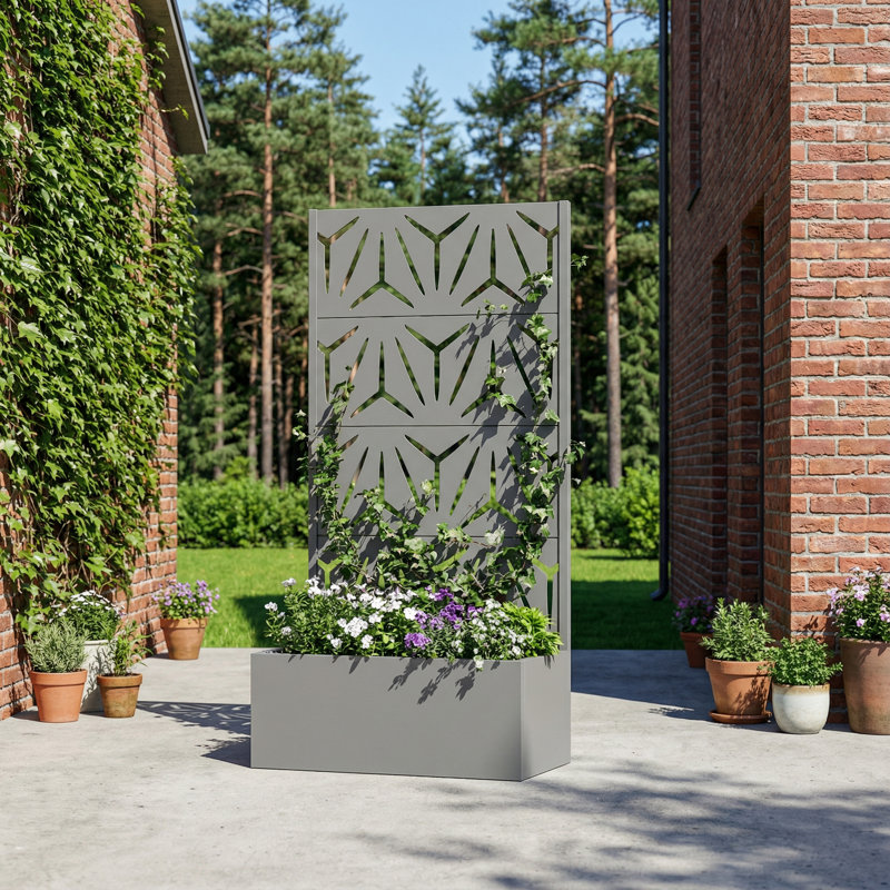 Metal Planter Box with Trellis with Wheels, Gray