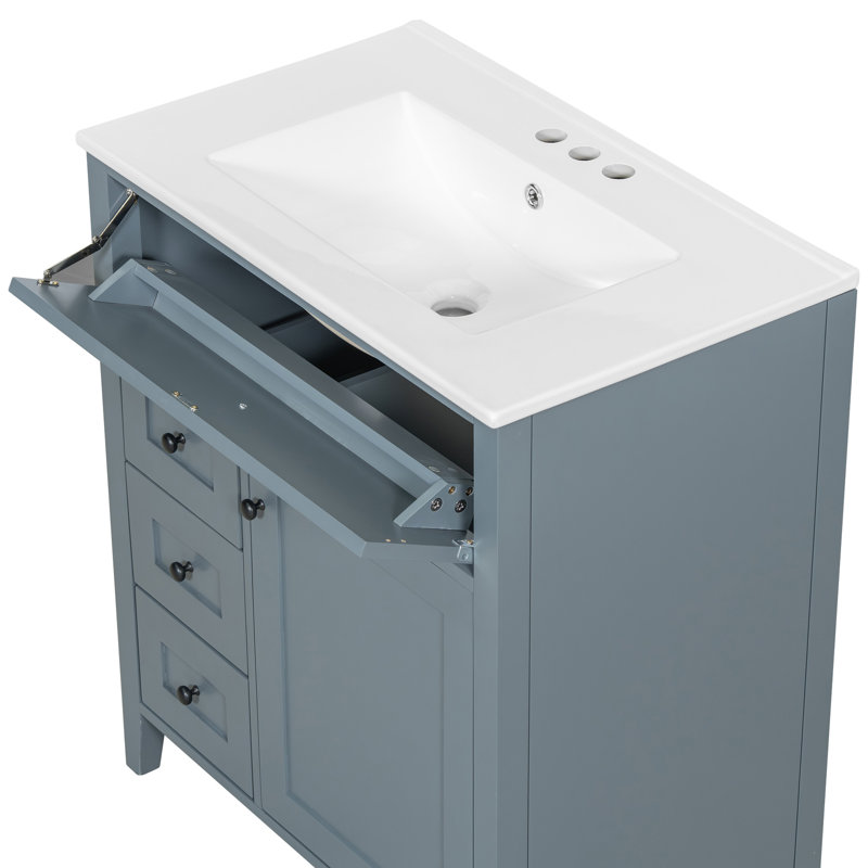 Meuble-lavabo autoportant de 30 po avec lavabo bleu pour rangement de salle de bain, Bleu gris