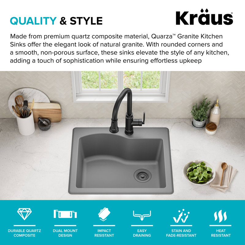 Évier de cuisine en granit à une cuve à fixation double de L 25 po KRAUS Quarza™, Gris