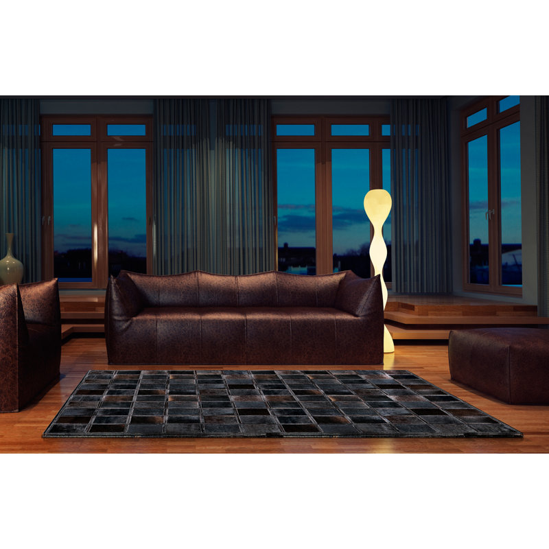 Tapis géométrique brun / gris en cuir de vache fabriqué à la main, Carré 6 pi