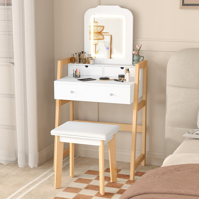  Ensemble de meuble-lavabo avec miroir à 3 lumières DEL tiroirs avec pieds en bois de pin massif blanc