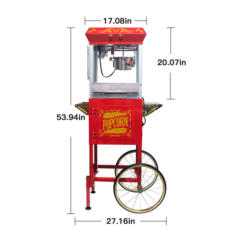 Machine à maïs soufflé 8 oz avec chariot et bouilloire en acier inoxydable