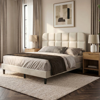 Upholstered Platform Bed Frame with Soft Cloud Headboard, Beige Velve
