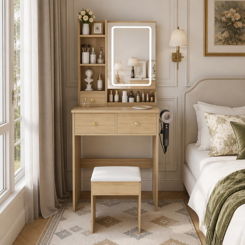 Petit meuble-lavabo moderne avec 3 lumières DEL, luminosité réglable, 3 tiroirs, tablettes ouvertes, support pour sèche-cheveux et prise de courant