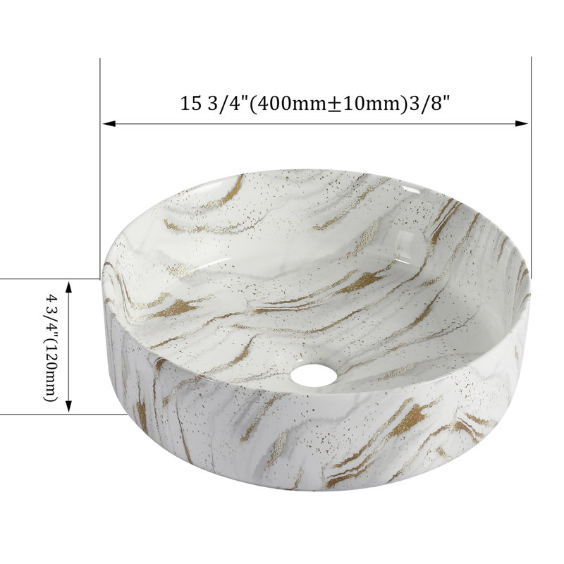 Ceramic Round Above Counter Bathroom Sink Art Basin, White Background With Golden Lines (BAA0014012PP), White/Gold