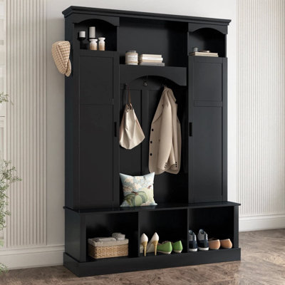 Arbre d'entrée moderne tout-en-un avec tablettes réglables | Banc de rangement Classic Classic Élégant organisateur de hall d'entrée avec 7 crochets pour le vestibule, le couloir ou le salon