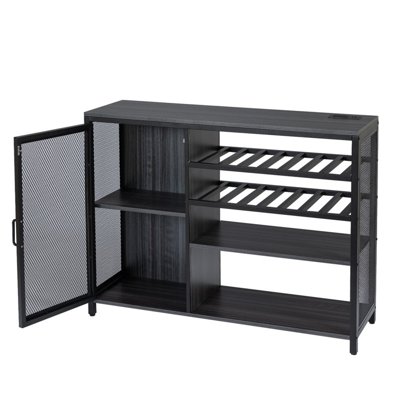 Gray and Silver Metal Bar Cabinet with Wine Racks and Stemware Holder