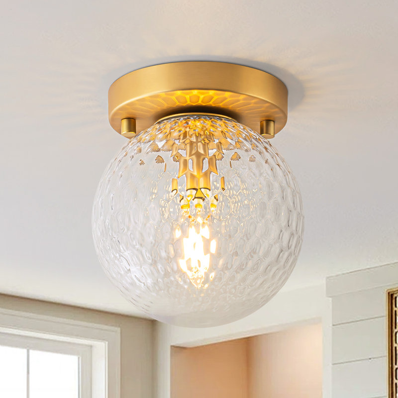 1-Light Brushed Brass Semi-Flush Mount Ceiling Light for Hallway