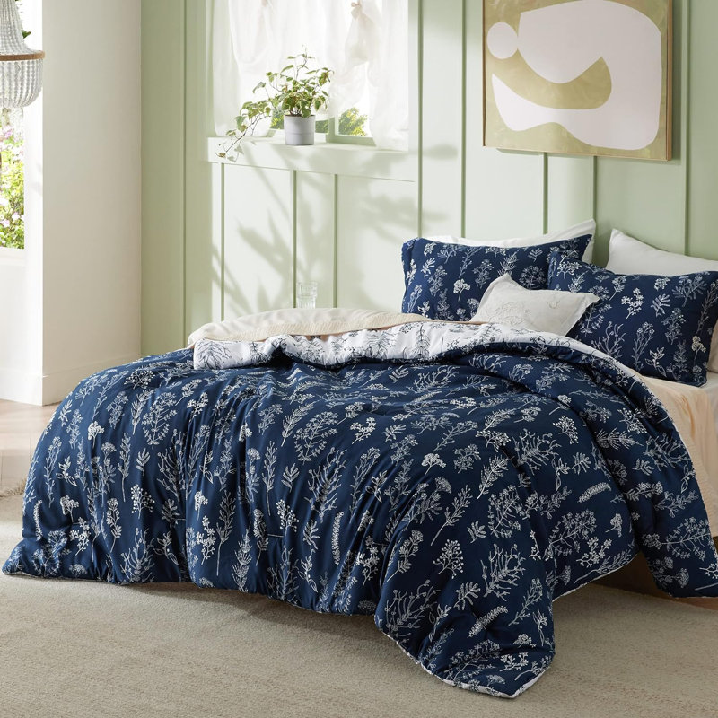 Ensemble d'édredon réversible à motif floral Best vendeur, 89 g / m², Marine, Lit simple