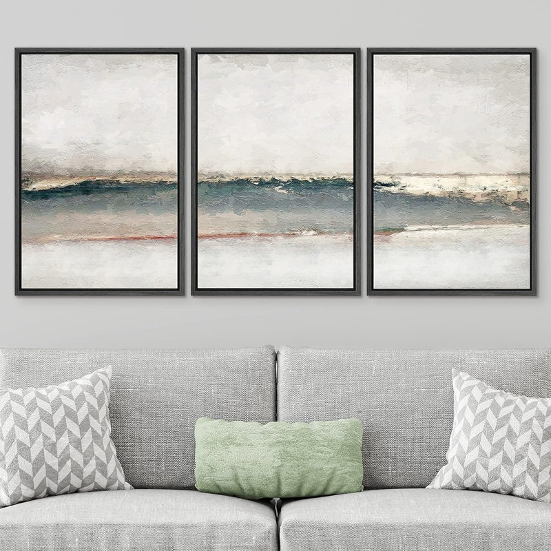 «Grunge Gold Pastel Landscape», reproduction de tableau sur toile 3 pièces, Cadre noir, H 24 po x l 16 po x P 1,5 po