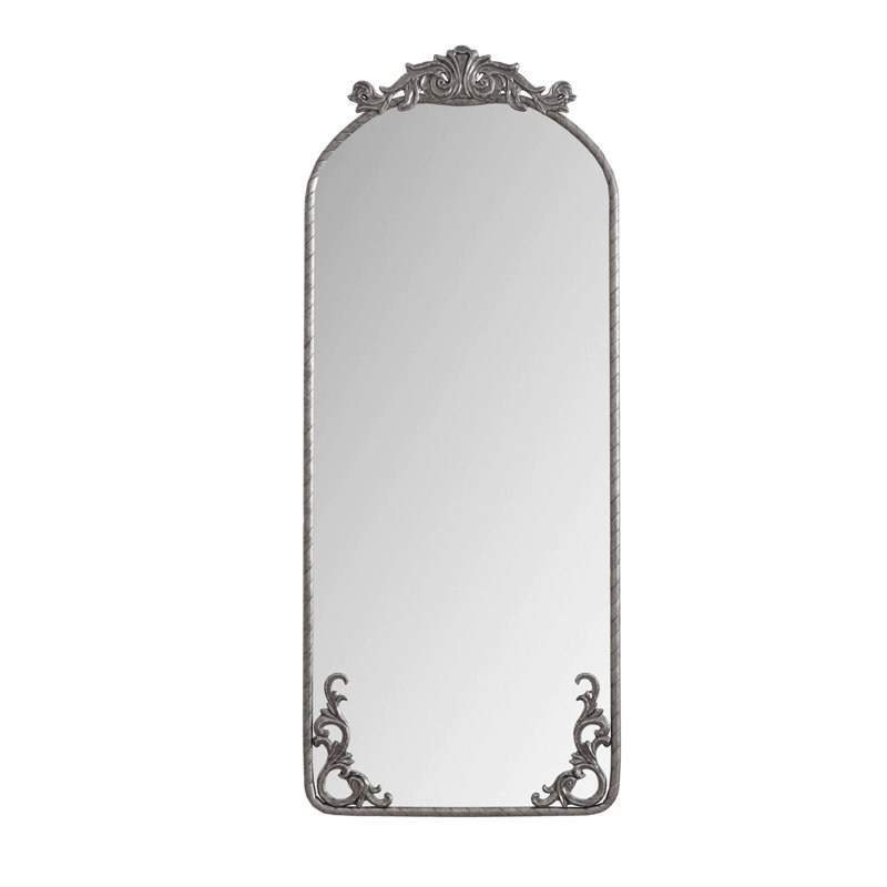 Vintage Arched Full Body Mirror with Ornate Carved Applique, Ideal for Retro Home Decor and Wall Mounting in Living Rooms and Bedrooms.