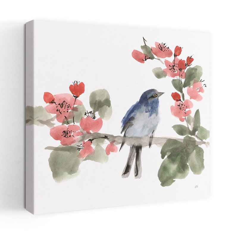 Oiseau et fleurs I, art floral contemporain, H 32 po x l 32 po