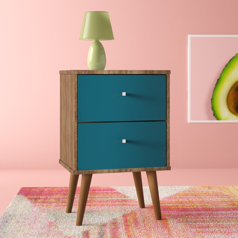 Table de chevet Liberty 18 po L style moderne du milieu du siècle à deux tiroirs, Brun rustique / Bleu aqua