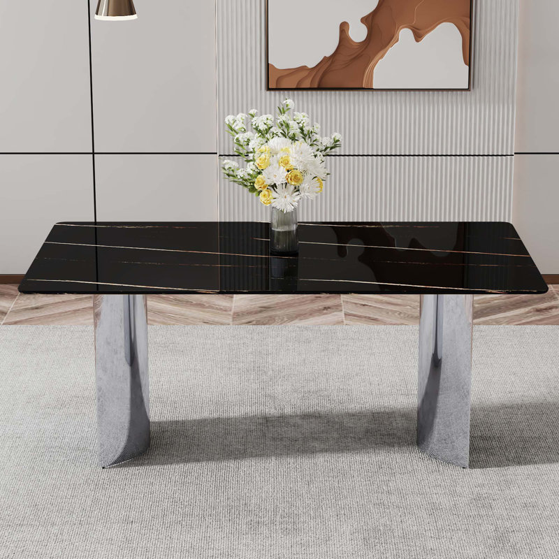 Marble Glass Dining Table(Only Table), Black, 29.5"H x 71"L x 39.3"W, Silver