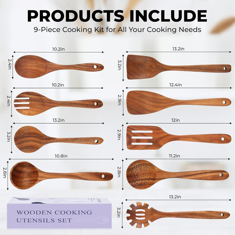 Ensemble d'ustensiles de cuisine en bois de teck 9 pièces 9 pièces, ustensiles de cuisine en bois massif naturel pour batterie de cuisine antiadhésive, comprenant une spatule, une louche, une cuillère rainurée, une passoire, une fourchette à salade,