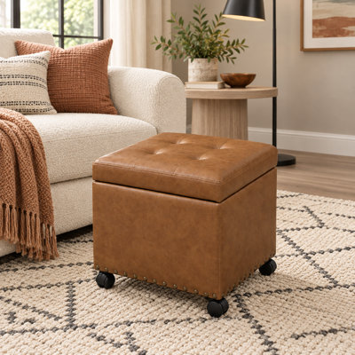 17.7" Square Faux Leather Storage Ottoman with Casters