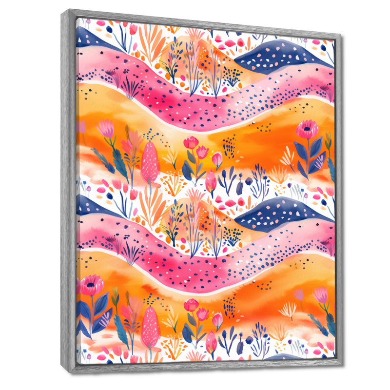 Rose, orange, abstrait, paysage boho II, Encadrement argenté, H 16 po x l 32 po