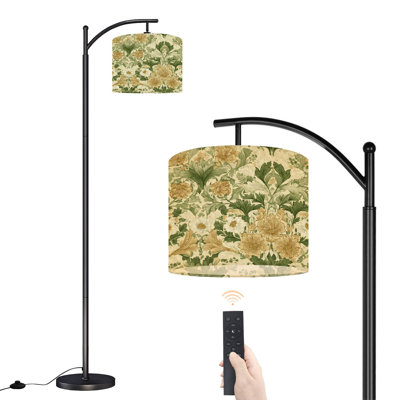 Arc Floor Lamp with Adjustable Lampshade Floral Vintage Botanical Cream Flowers Leaves Standing Lamp 3 Colour Temperatures Dimmable Tall Pole Lamp with Foot Switch for Bedroom