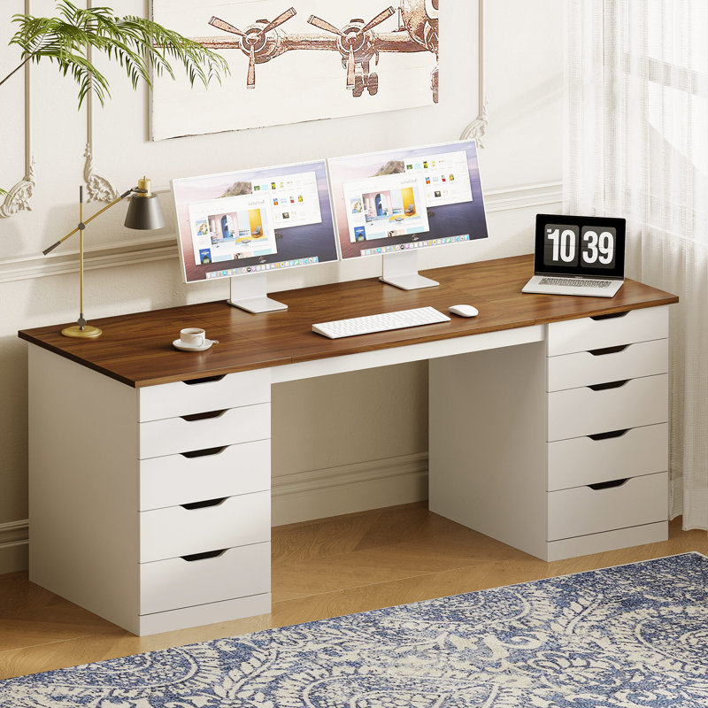 Coiffeuse de 140 cm avec 10 tiroirs, table de maquillage en bois avec rangement, grande coiffeuse pour chambre à coucher