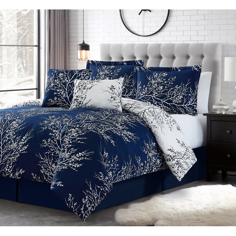 Foliage Reversible Comforter Set, Navy/White, Twin Comforter Set + 4 Additional Pieces
