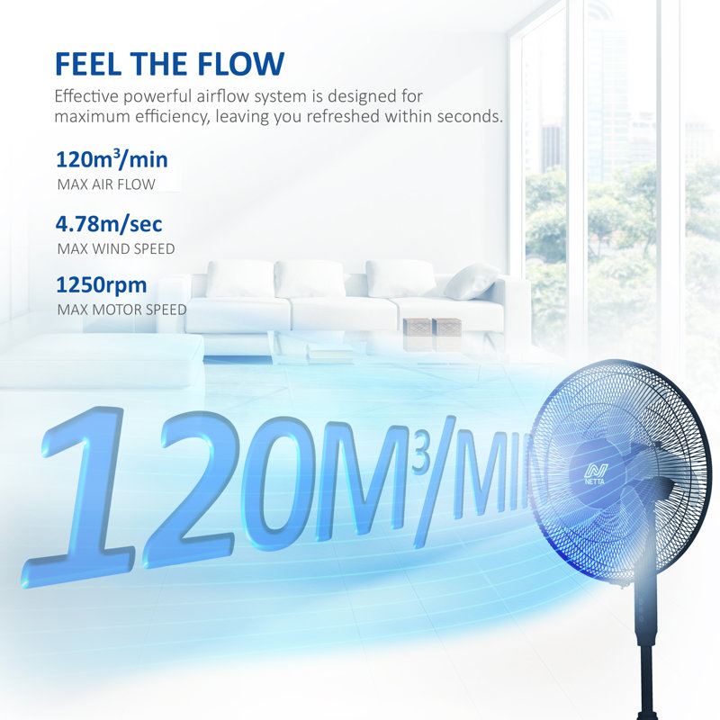 NETTA 16″ Pedestal Fan with Remote Control, 3 Speeds, 7‑Hour Timer & Oscillation, Adjustable Height, Black