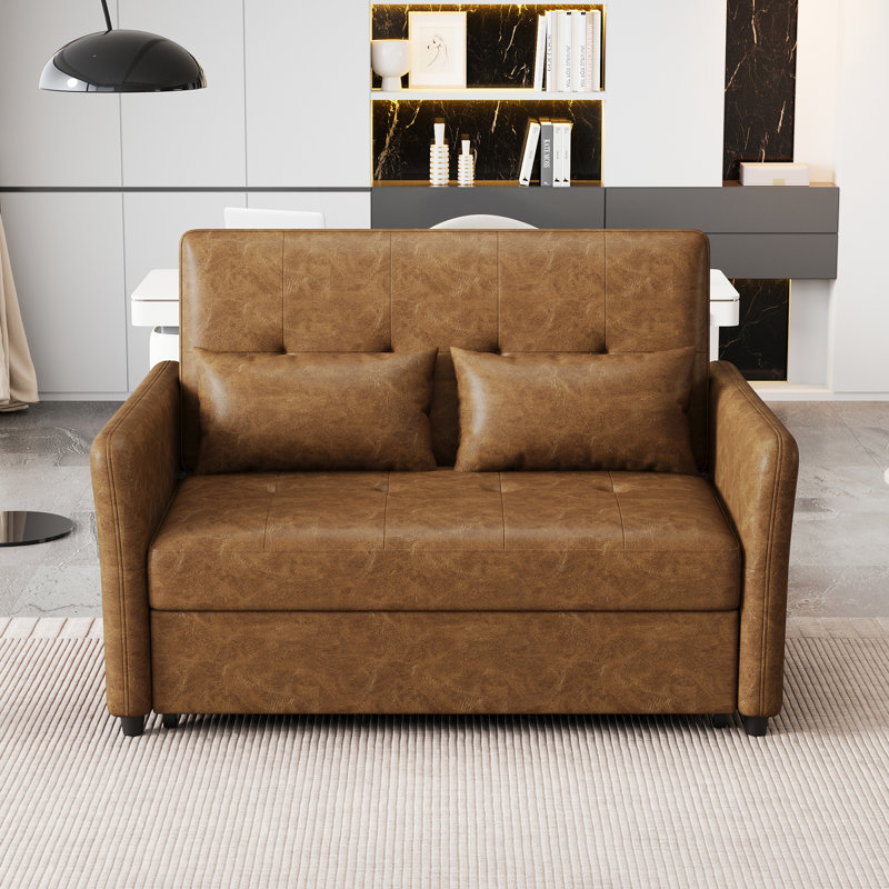  51.57" Faux Leather Round Arm Sofa Bed, Brown Faux Leather