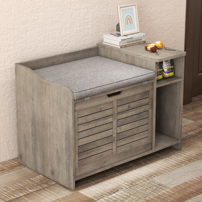 33.8" Wooden Hidden Cat Litter Box Enclosure with Flip-Top Access, Removable Cushion, Side Entry, and Storage Shelf