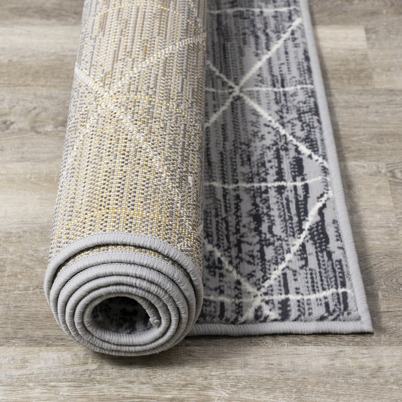 Bratu Geometric Gray White Performance High-Traffic Rug, Rectangle 3'11'' x 5'7''