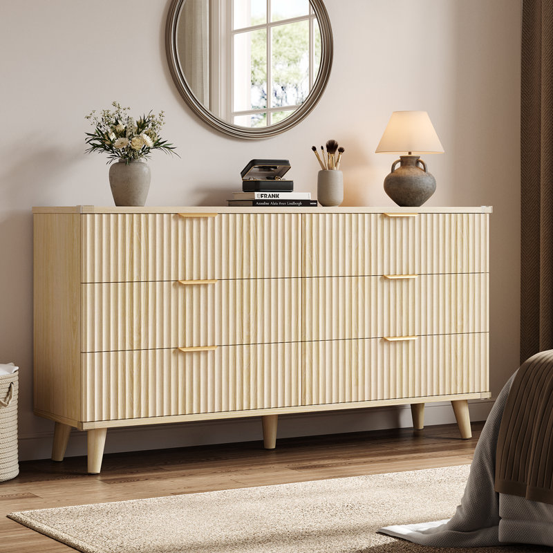 Commode 6 tiroirs avec panneaux ondulés, armoire de rangement Boho moderne avec cadre en bois massif et poignées en métal, rangement polyvalent pour la chambre à coucher, le salon, l'entrée, le couloir et le placard