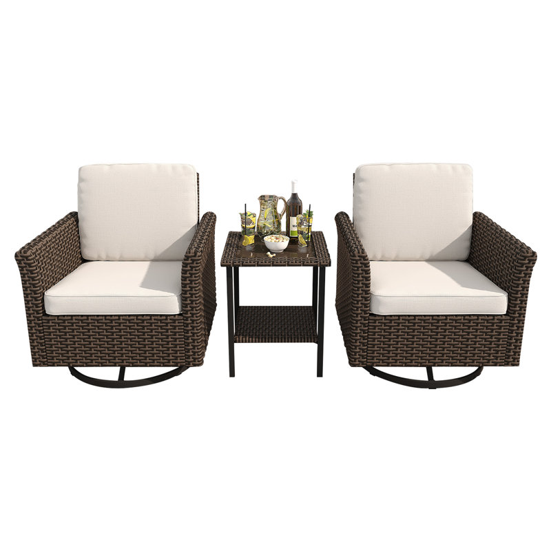 Outdoor Rattan Furniture Set, 2 Swivel Chairs with Weather-Resistant Cushions and 1 Coffee Table for Patio Garden Balcony