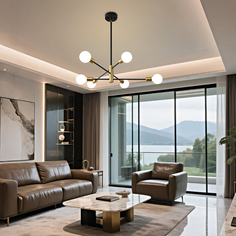 Luminaire suspendu linéaire sphérique doré et noir 6 lumières Glenarm