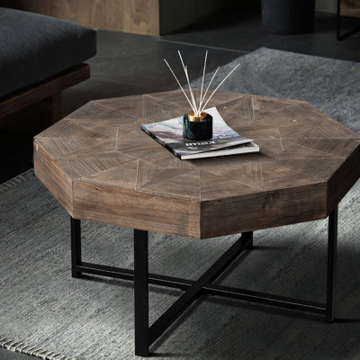 Antique Brown Wood Octagonal Coffee Table With Firm Metal Leg Base, Living Room Solid Material And Legs