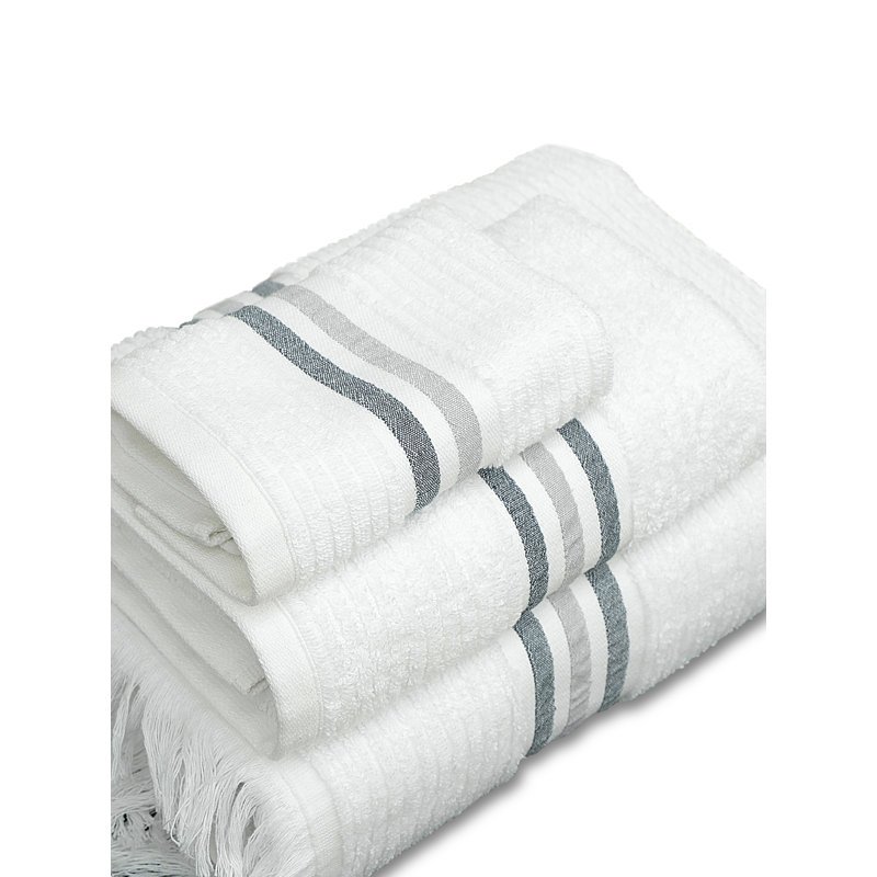 Aura Fringe Set of 3 Cotton Towels, White/Gray