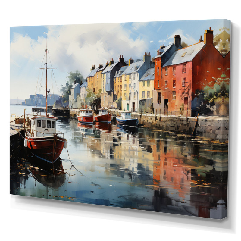 «Ireland Peaceful Harbor Villagean», art mural Irlande, Toile tendue, H 24 po x l 32 po x P 1 po