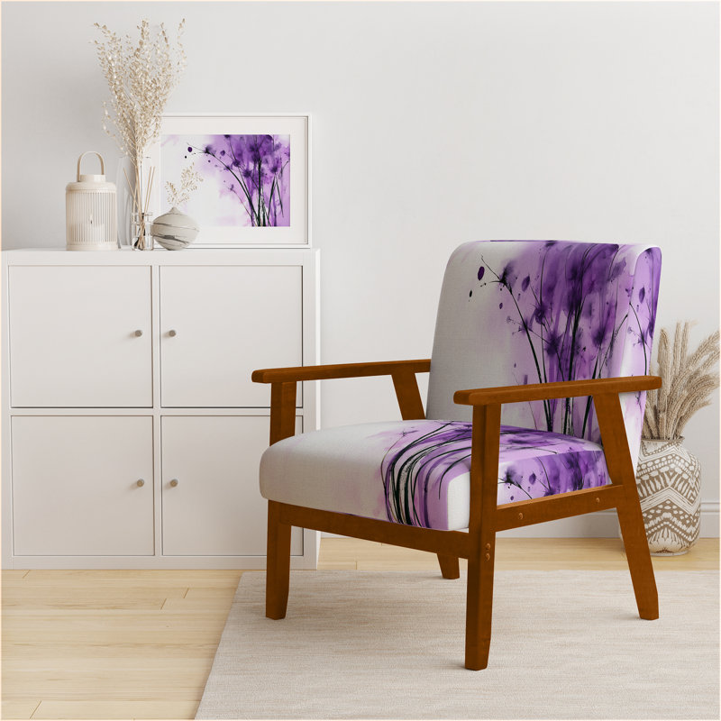 Geidel - Fleurs abstraites - Fauteuil d'appoint rembourré traditionnel, Purple Velvet, Accoudoirs carrés bruns