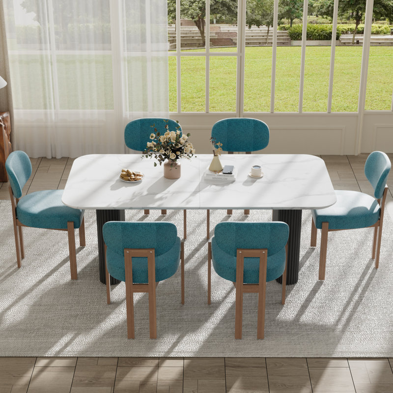 Ensemble de table de salle à manger à double piédestal, Table noire avec chaises bleu sarcelle, 7 Pieces: Table, 6 Chairs